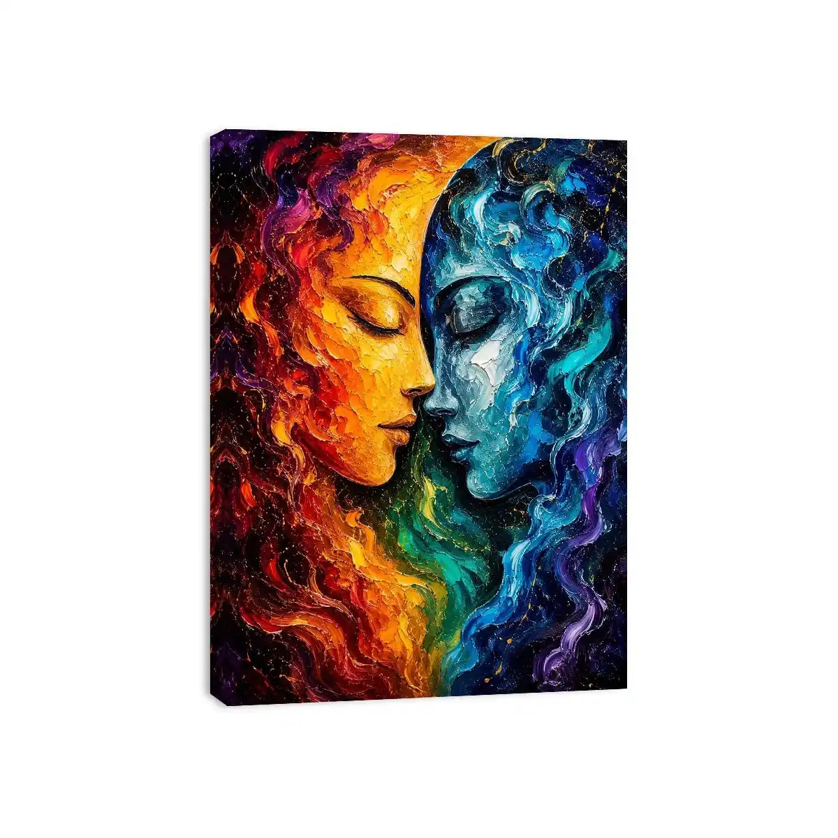 Textured cosmic abstract portrait wall art featuring fiery orange and blue celestial faces with palette knife details