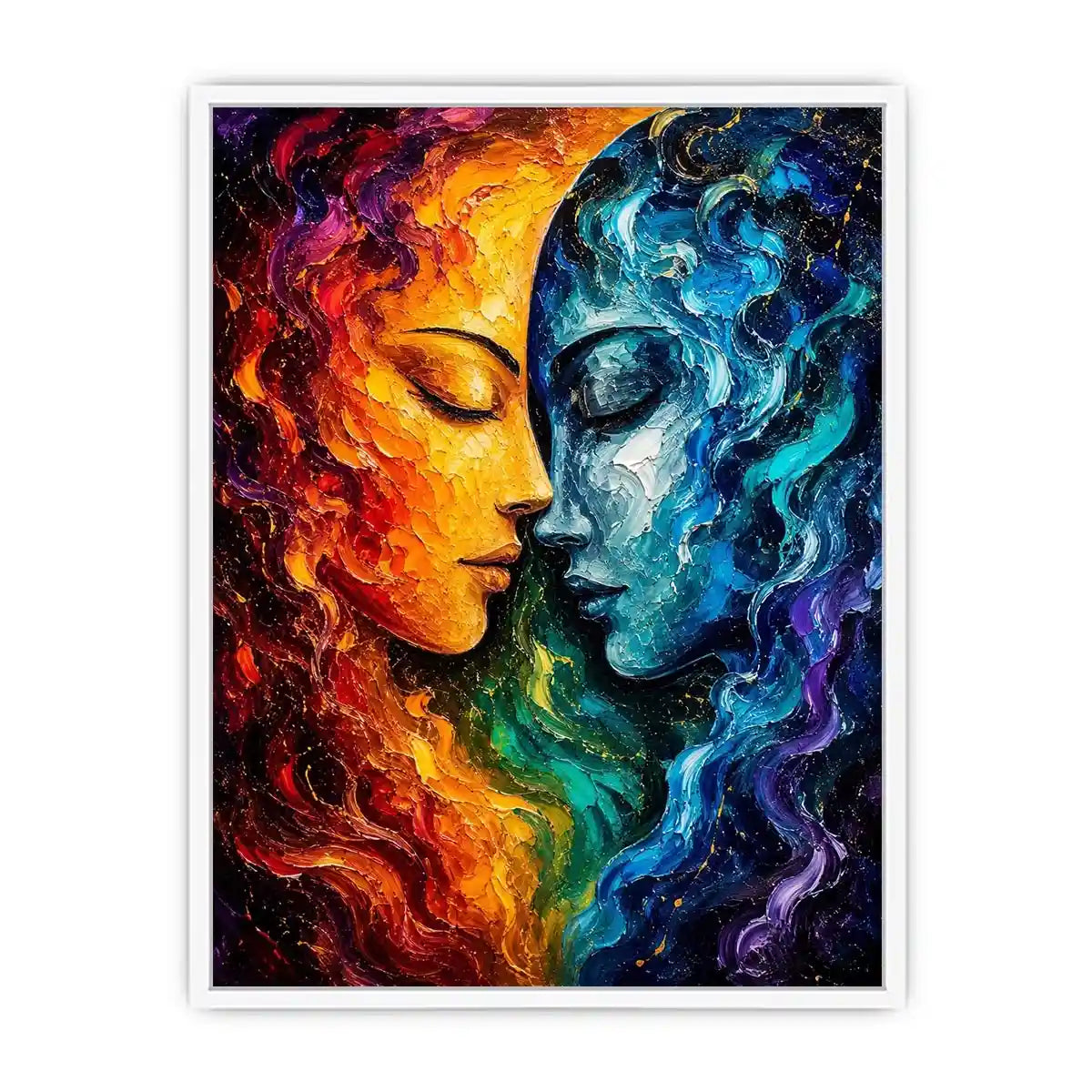Textured cosmic abstract portrait wall art featuring fiery orange and blue celestial faces with palette knife details