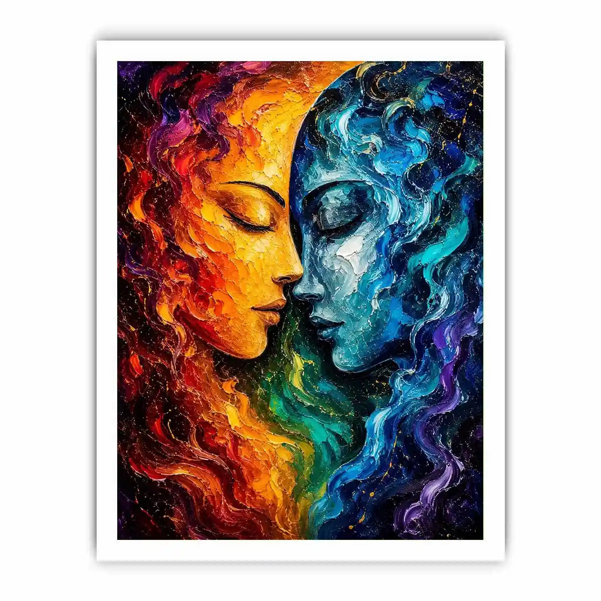 Textured cosmic abstract portrait wall art featuring fiery orange and blue celestial faces with palette knife details