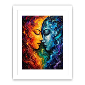 Textured cosmic abstract portrait wall art featuring fiery orange and blue celestial faces with palette knife details