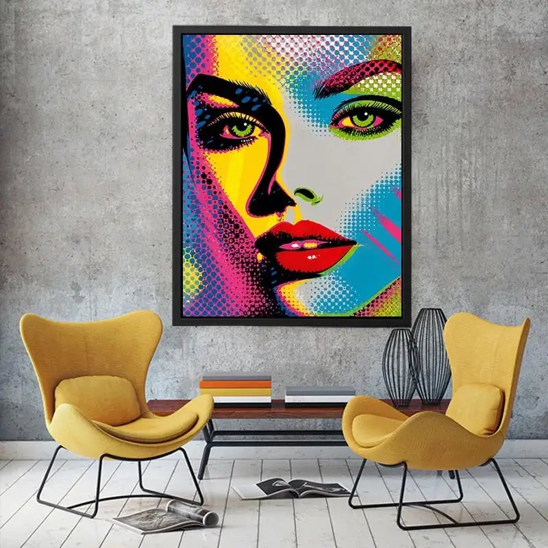 Neon pop art woman portrait with vibrant comic-inspired colors and bold contemporary fashion style