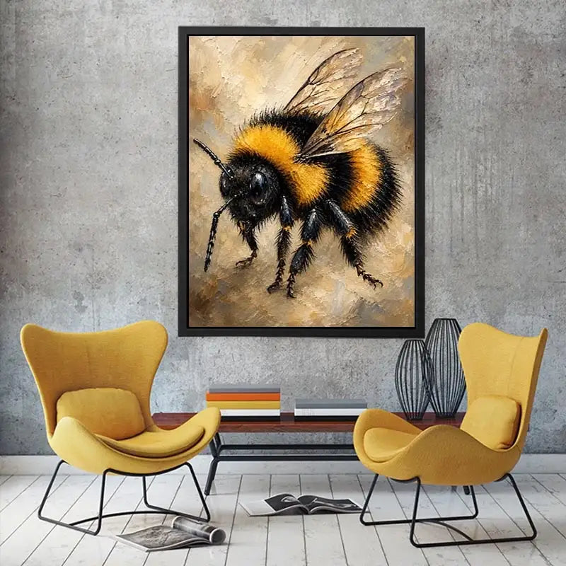 Watercolor bumblebee artwork with yellow and black paint splashes