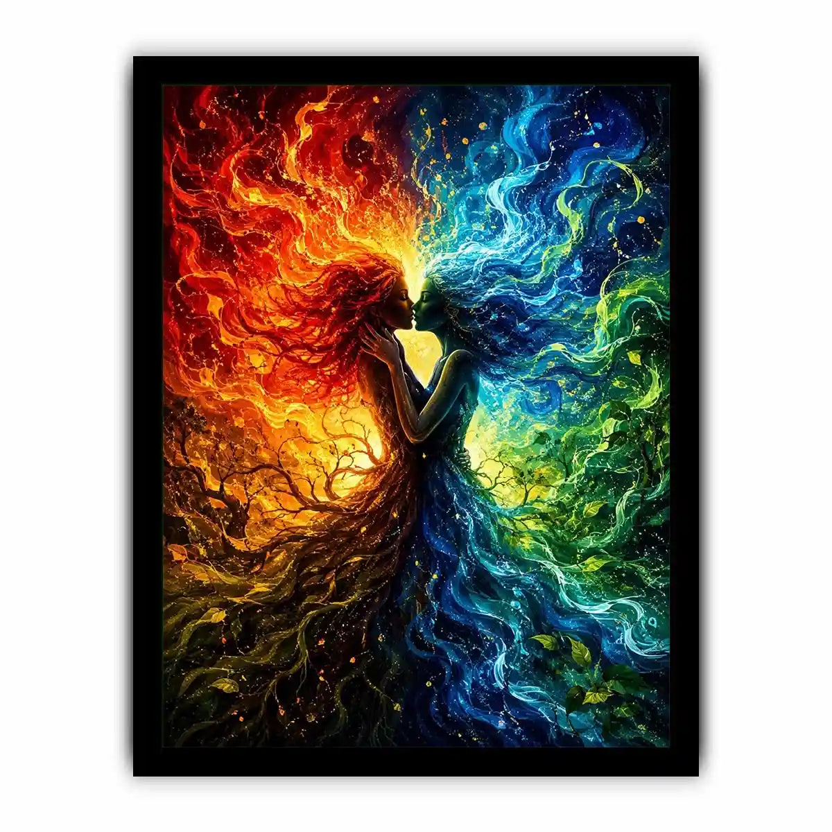 Fantasy artwork of fire and water elemental figures embracing