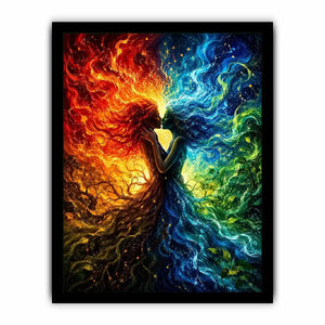 Fantasy artwork of fire and water elemental figures embracing