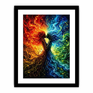 Fantasy artwork of fire and water elemental figures embracing