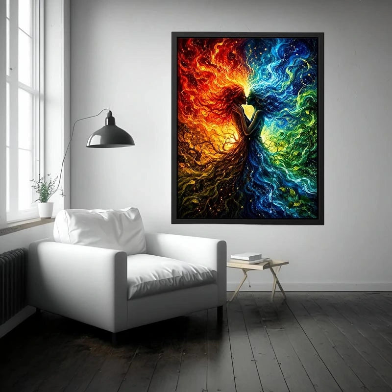 Fantasy artwork of fire and water elemental figures embracing