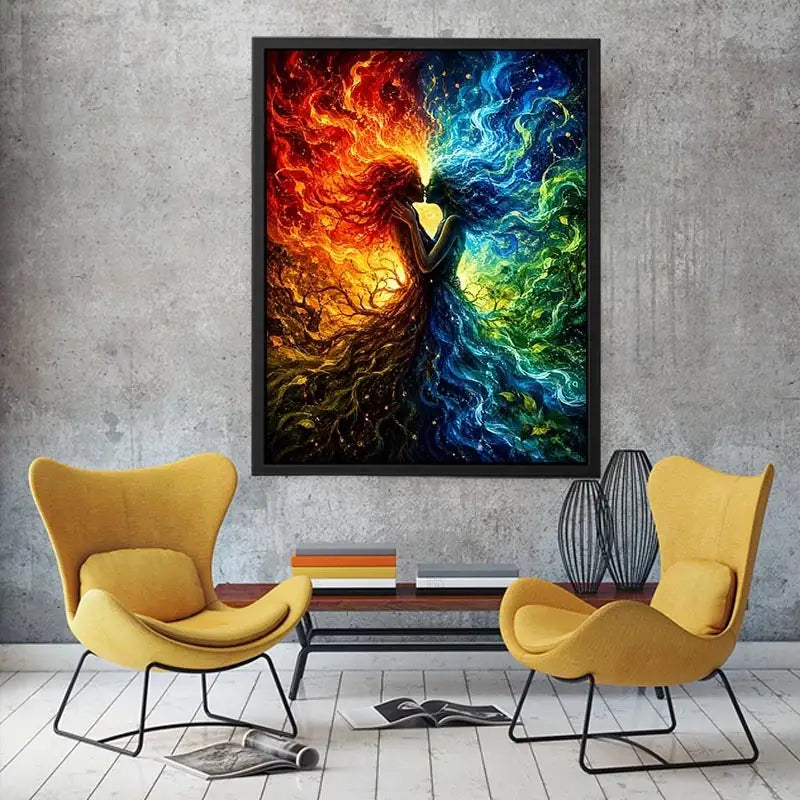 Fantasy artwork of fire and water elemental figures embracing