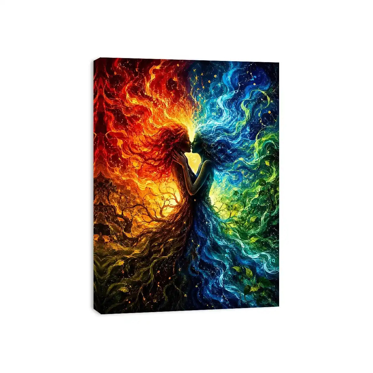 Fantasy artwork of fire and water elemental figures embracing