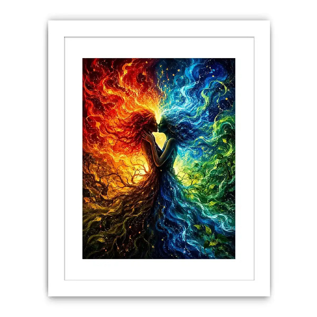 Fantasy artwork of fire and water elemental figures embracing