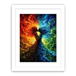 Fantasy artwork of fire and water elemental figures embracing