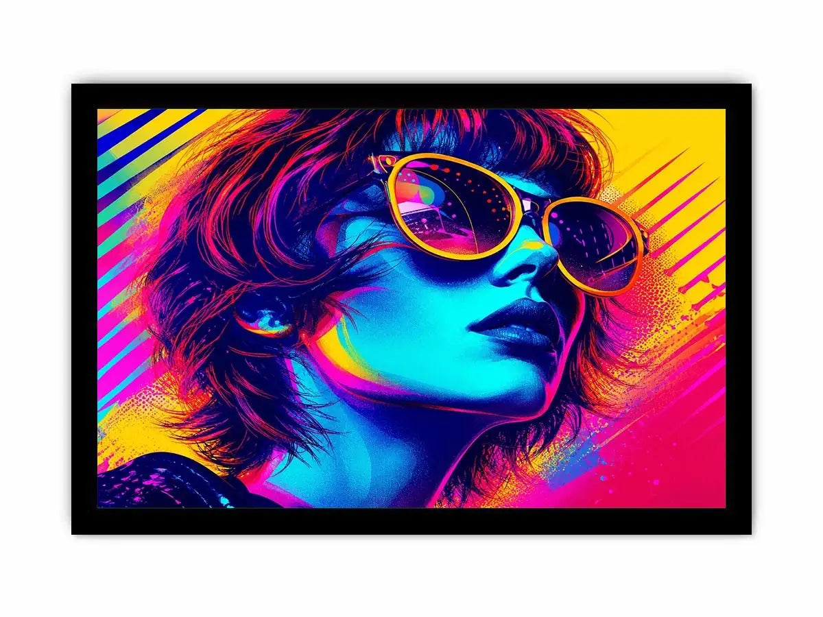 Neon fashion portrait with oversized sunglasses and vibrant colors