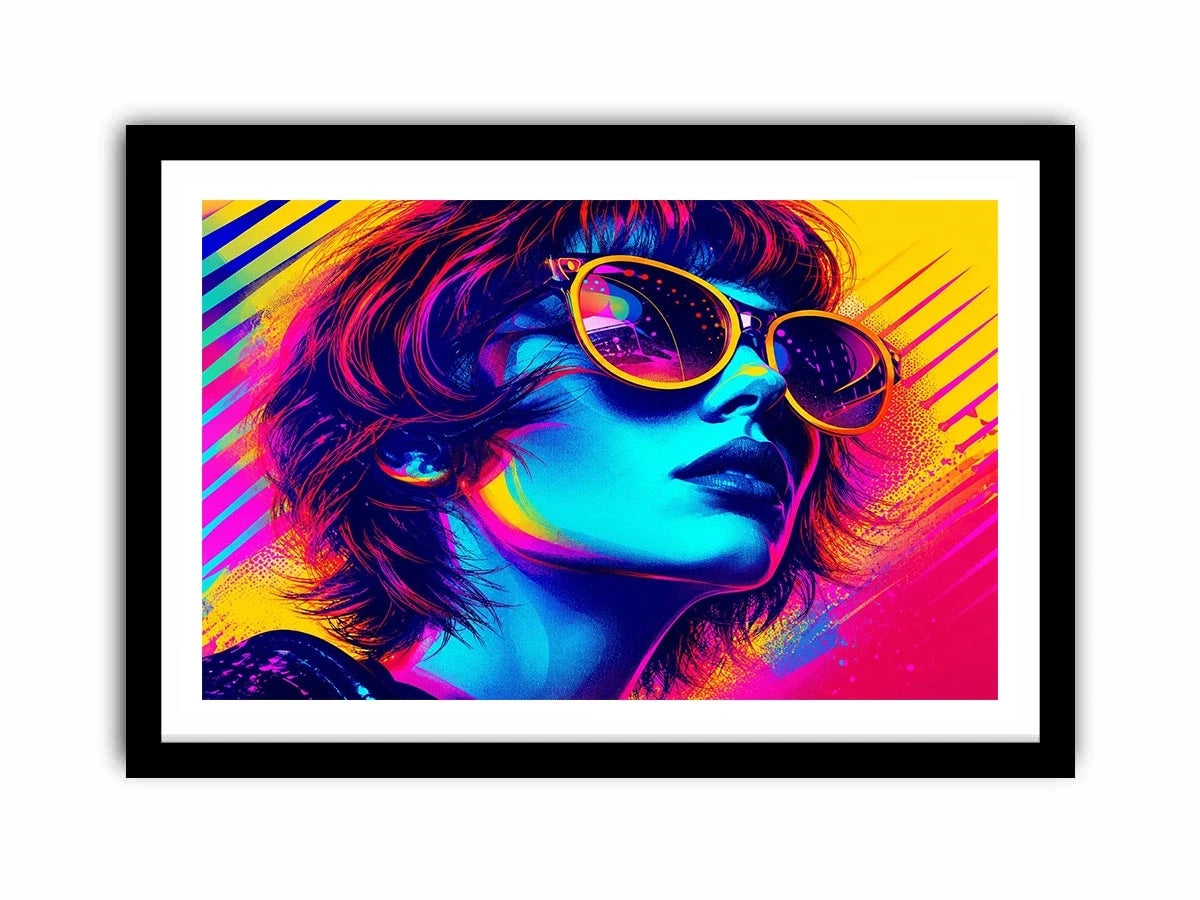 Neon fashion portrait with oversized sunglasses and vibrant colors