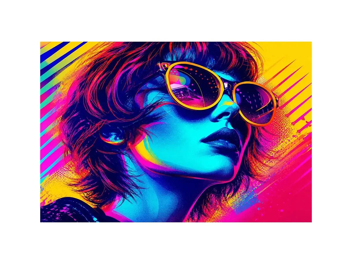 Neon fashion portrait with oversized sunglasses and vibrant colors