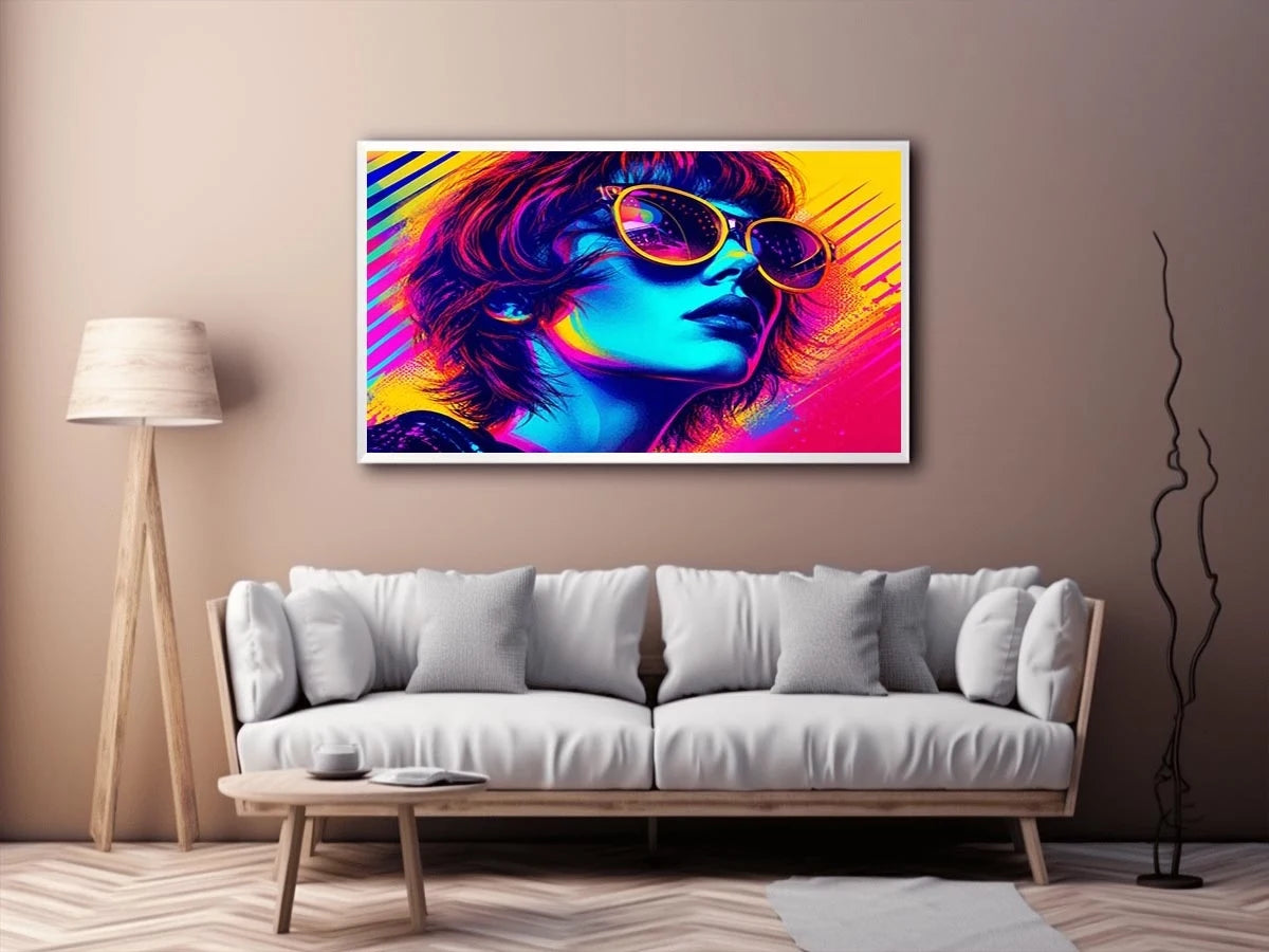 Neon fashion portrait with oversized sunglasses and vibrant colors