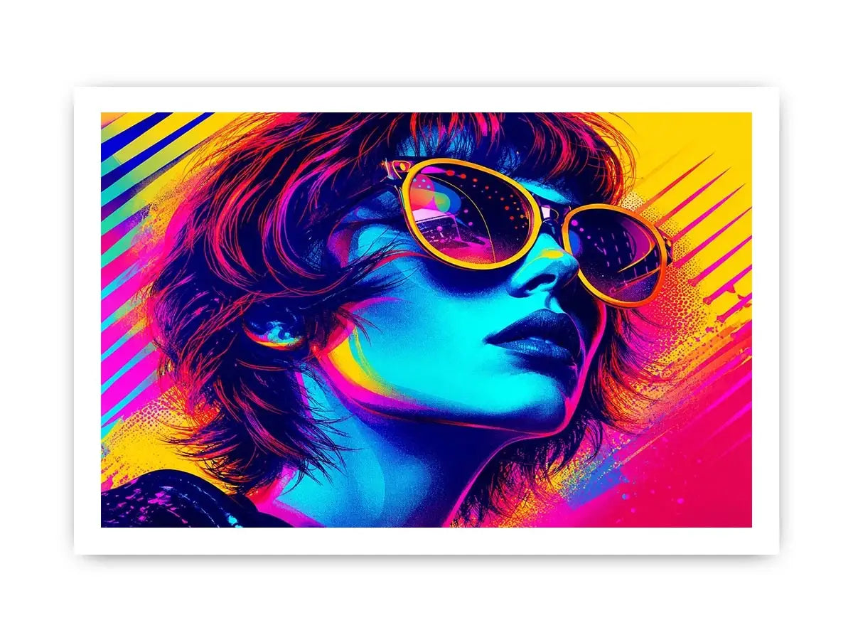Neon fashion portrait with oversized sunglasses and vibrant colors