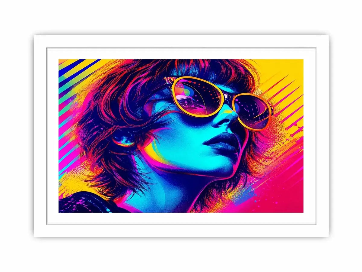 Neon fashion portrait with oversized sunglasses and vibrant colors