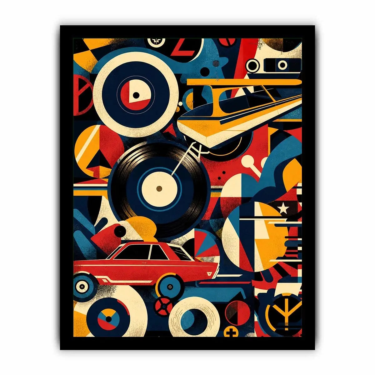 Retro geometric artwork with vinyl records and colorful abstract shapes