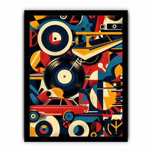 Retro geometric artwork with vinyl records and colorful abstract shapes