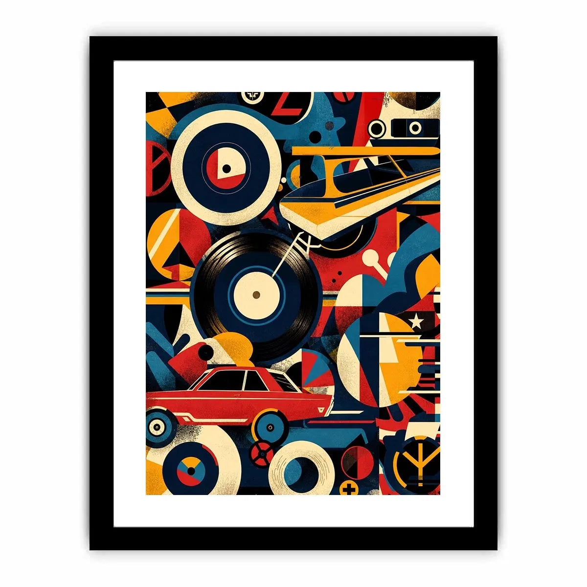 Retro geometric artwork with vinyl records and colorful abstract shapes