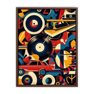 Retro geometric artwork with vinyl records and colorful abstract shapes