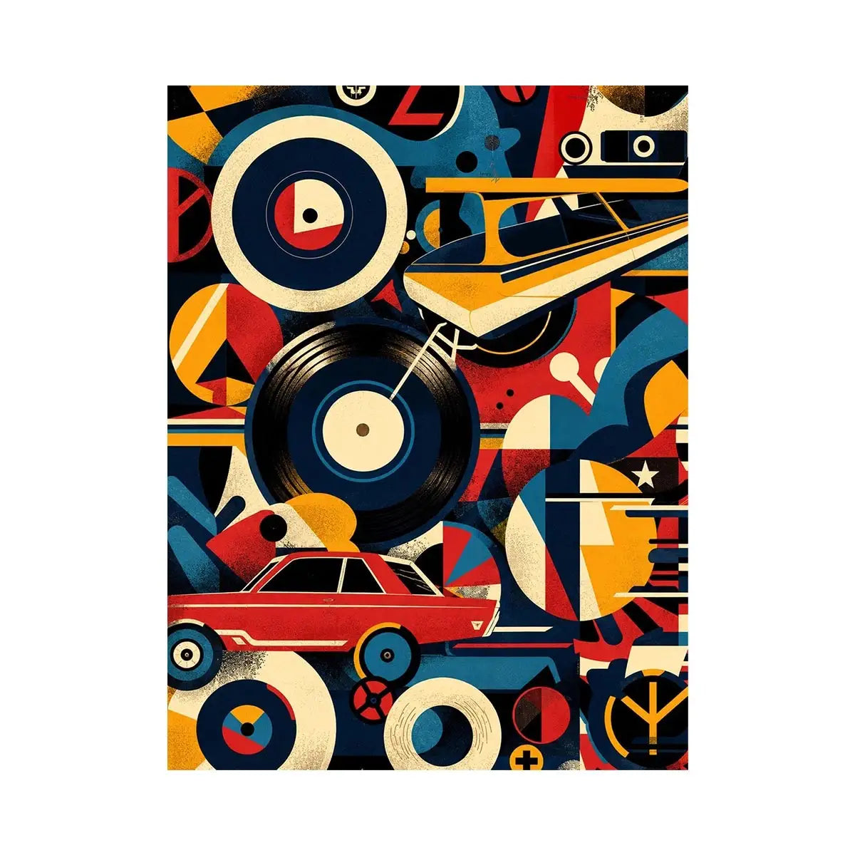 Retro geometric artwork with vinyl records and colorful abstract shapes