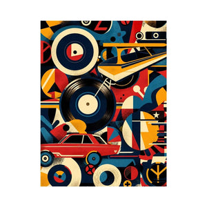Retro geometric artwork with vinyl records and colorful abstract shapes