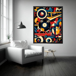 Retro geometric artwork with vinyl records and colorful abstract shapes