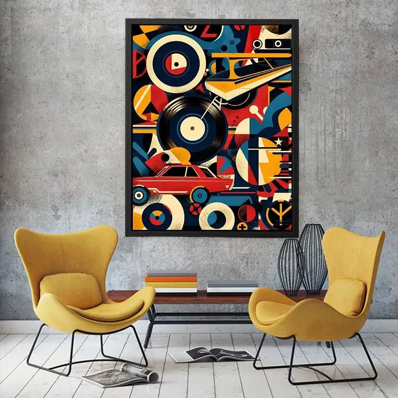 Retro geometric artwork with vinyl records and colorful abstract shapes