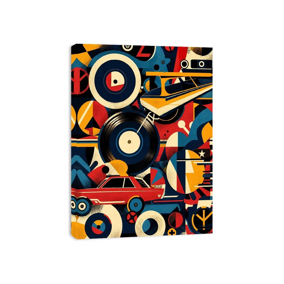 Retro geometric artwork with vinyl records and colorful abstract shapes