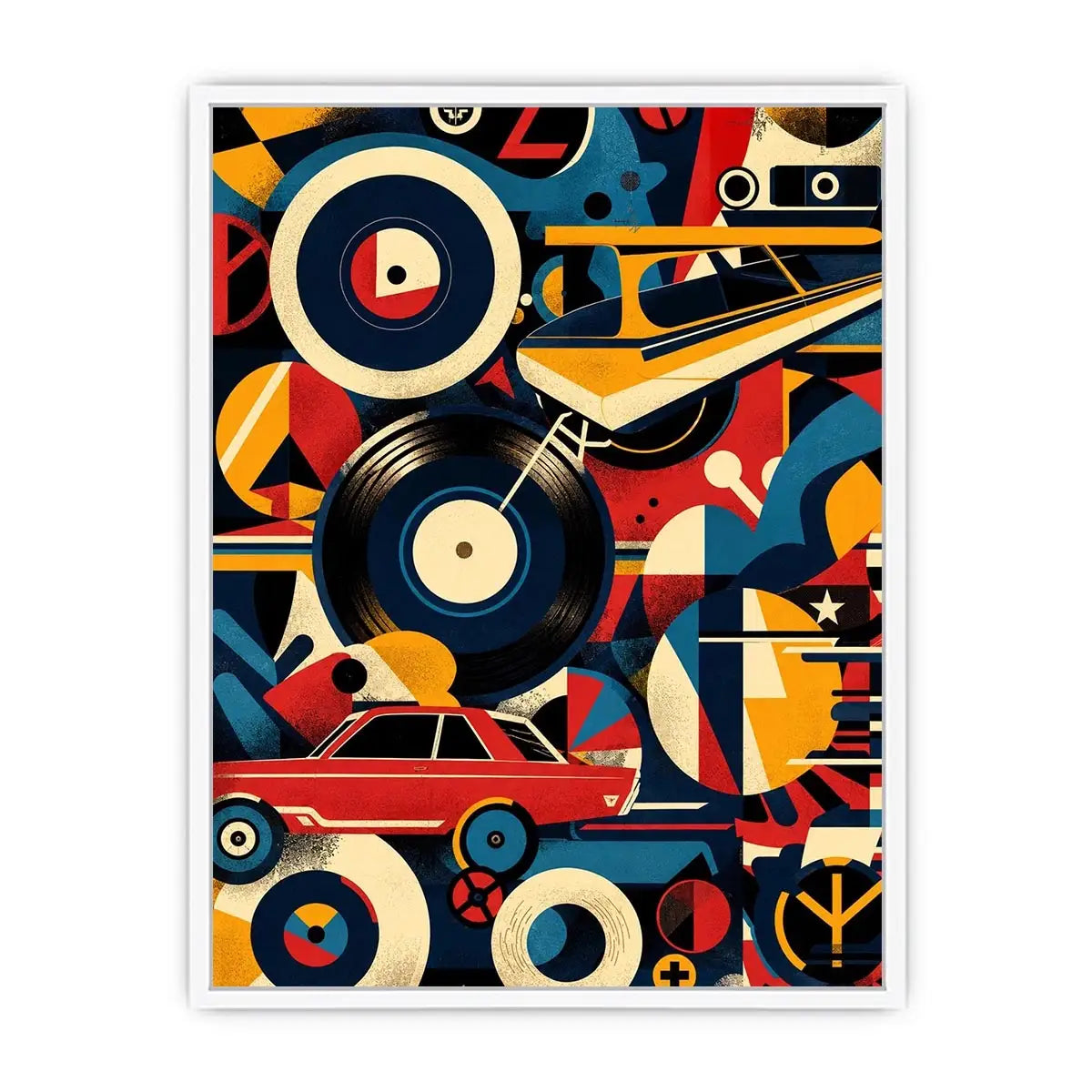 Retro geometric artwork with vinyl records and colorful abstract shapes
