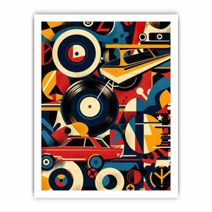 Retro geometric artwork with vinyl records and colorful abstract shapes