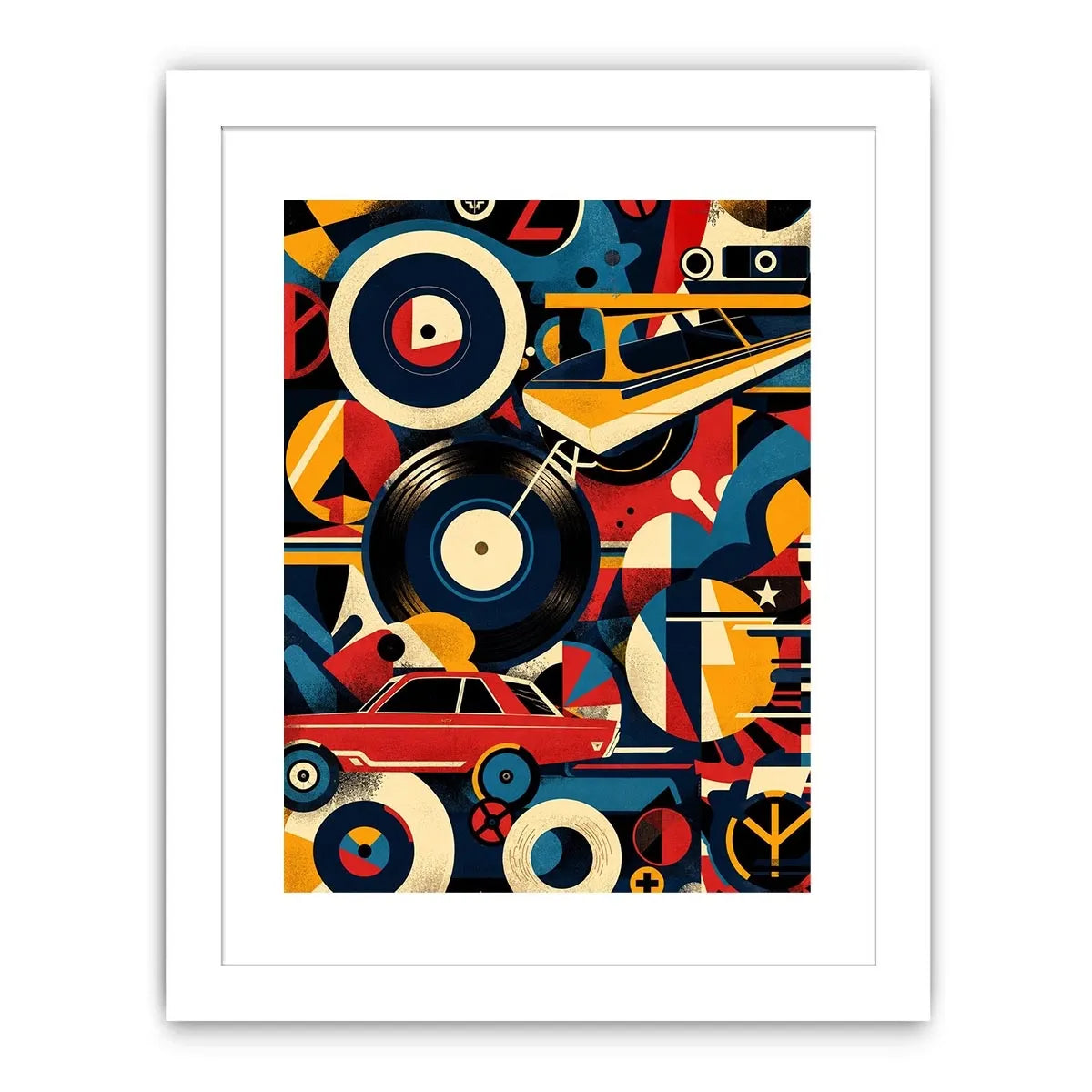 Retro geometric artwork with vinyl records and colorful abstract shapes
