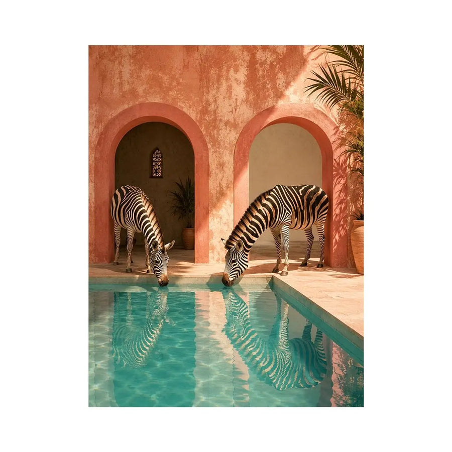 Luxury zebra wall art beside a turquoise pool with terracotta arches