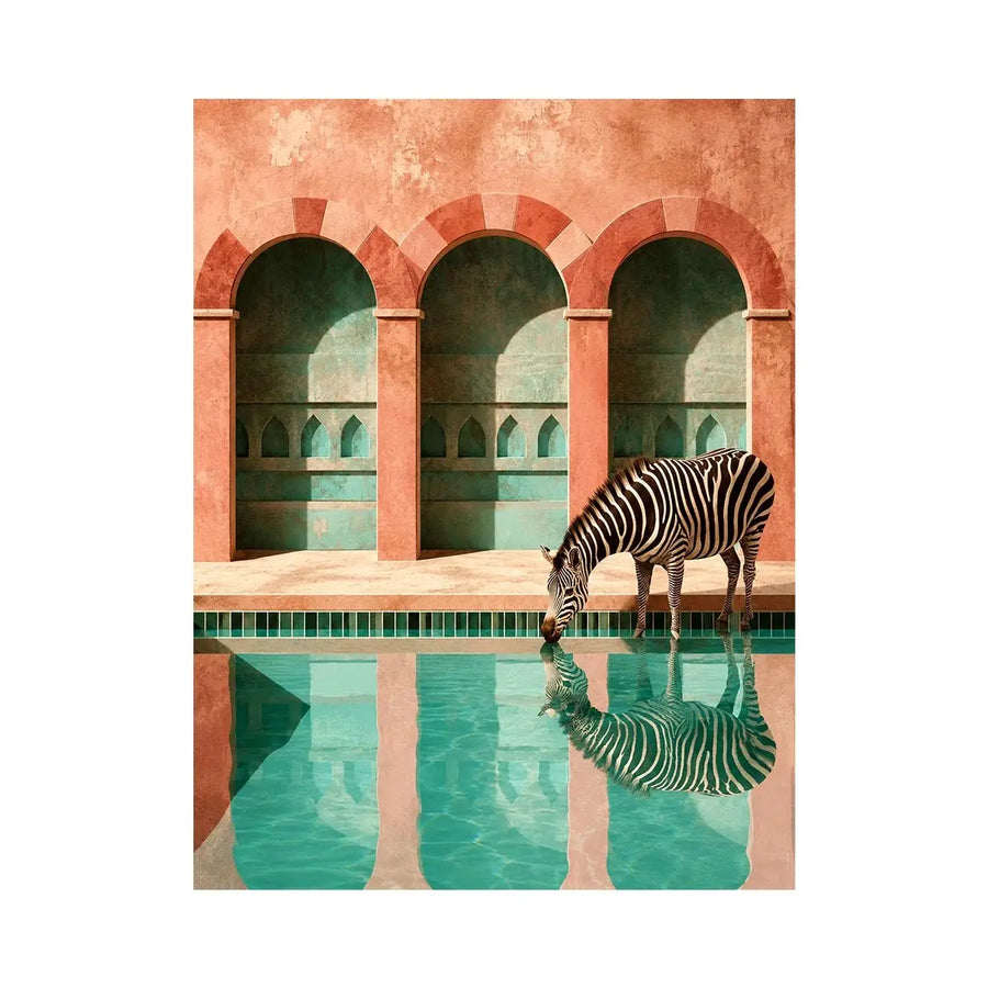 Luxury zebra wall art with turquoise pool reflection and terracotta arches