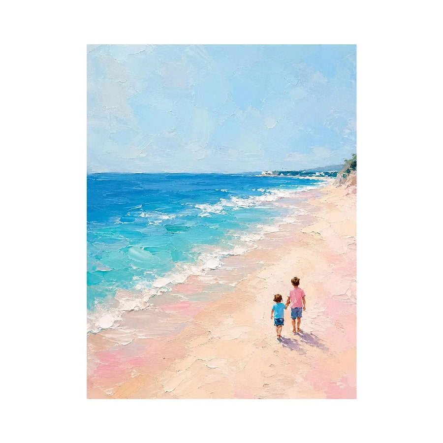 Textured pastel beach painting featuring two children walking along a turquoise shoreline under a soft blue sky