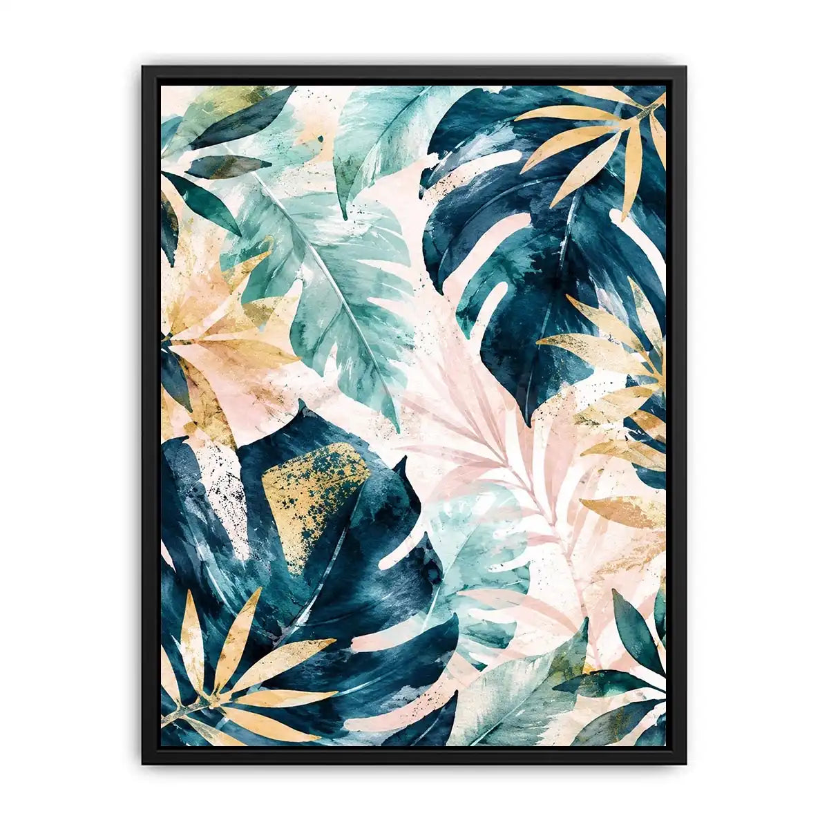 Tropical botanical watercolor wall art with layered monstera leaves and elegant gold leaf accents