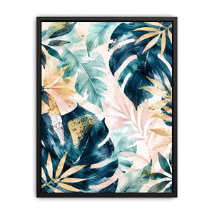 Tropical botanical watercolor wall art with layered monstera leaves and elegant gold leaf accents
