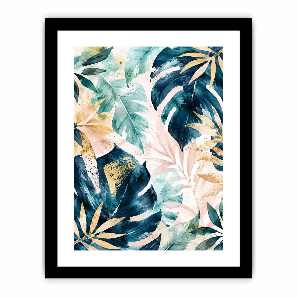 Tropical botanical watercolor wall art with layered monstera leaves and elegant gold leaf accents