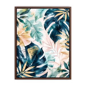 Tropical botanical watercolor wall art with layered monstera leaves and elegant gold leaf accents