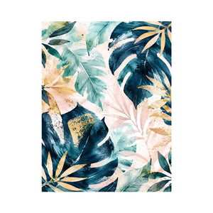 Tropical botanical watercolor wall art with layered monstera leaves and elegant gold leaf accents