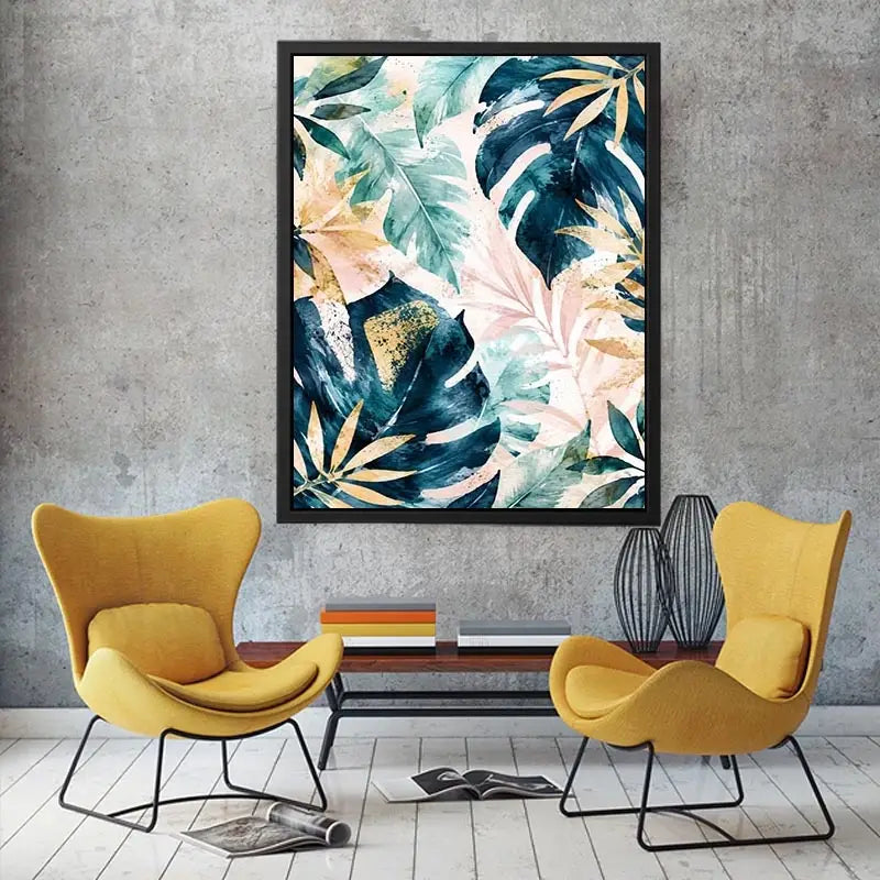 Tropical botanical watercolor wall art with layered monstera leaves and elegant gold leaf accents