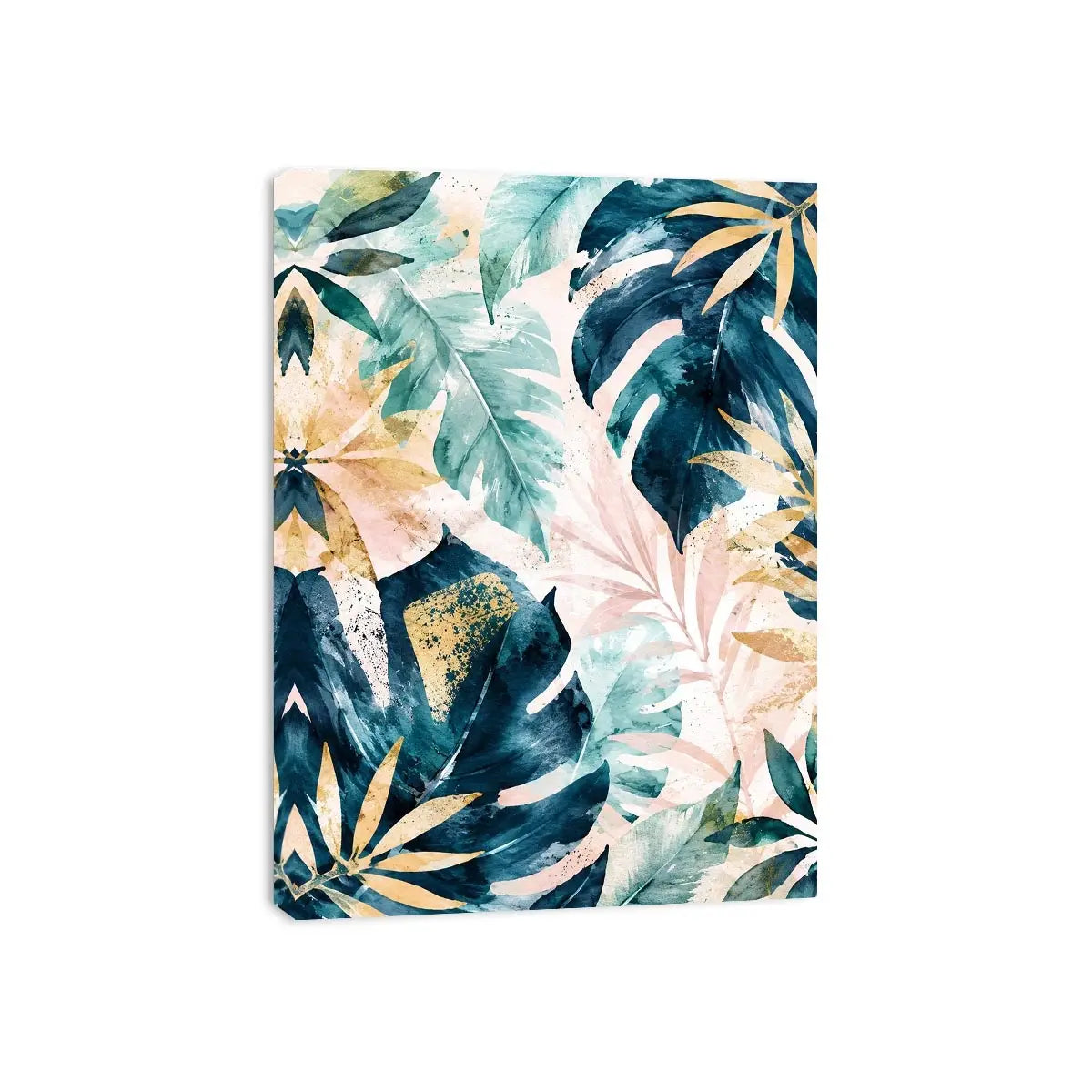 Tropical botanical watercolor wall art with layered monstera leaves and elegant gold leaf accents