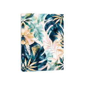 Tropical botanical watercolor wall art with layered monstera leaves and elegant gold leaf accents