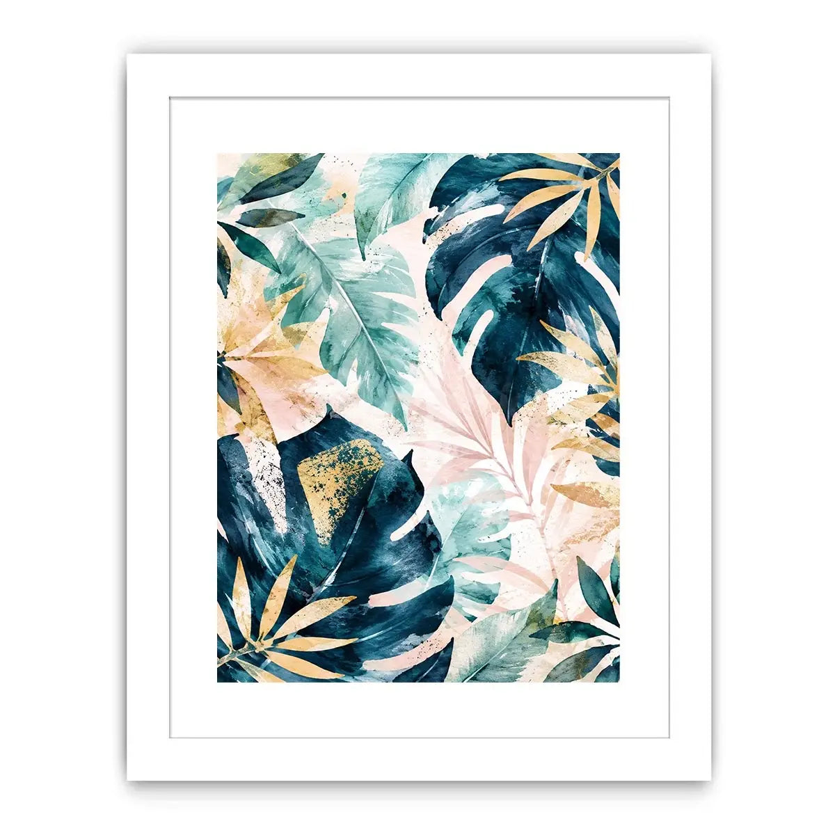 Tropical botanical watercolor wall art with layered monstera leaves and elegant gold leaf accents