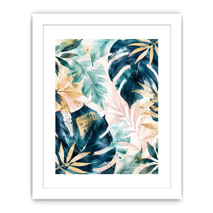 Tropical botanical watercolor wall art with layered monstera leaves and elegant gold leaf accents