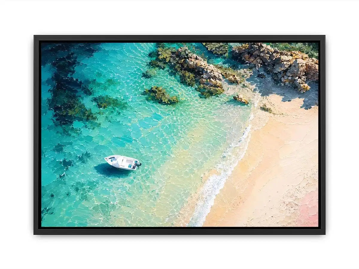 Tropical lagoon coastal painting with turquoise waters, sandy beach, and white boat floating near rocky shoreline