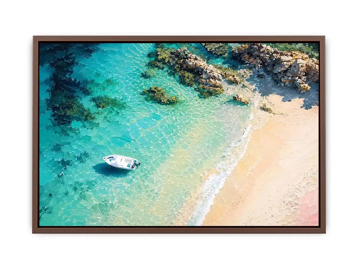 Tropical lagoon coastal painting with turquoise waters, sandy beach, and white boat floating near rocky shoreline