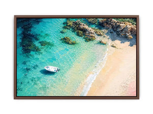 Tropical lagoon coastal painting with turquoise waters, sandy beach, and white boat floating near rocky shoreline