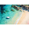 Tropical lagoon coastal painting with turquoise waters, sandy beach, and white boat floating near rocky shoreline