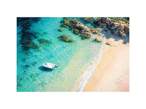 Tropical lagoon coastal painting with turquoise waters, sandy beach, and white boat floating near rocky shoreline